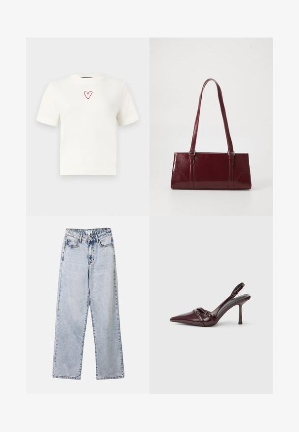 Weißes kurzärmeliges T-Shirt mit Rundhalsausschnitt und einem kleinen roten Herzumriss, der nahe am Ausschnitt zentriert ist.; Helle blaue Straight-Leg-Jeans aus Denim, ausgestattet mit zwei vorderen Taschen, einem Knopfverschluss und kontrastierenden Nähten entlang der Säume.; Bordeauxroter Slingback-Pumps aus Lackleder mit spitz zulaufender Vorderkappe, dünnem Knöchelriemen und kleiner dekorativer Schnalle. Glatte Textur und hoher Absatz.; Burgunderfarbene Handtasche aus glänzendem Material, rechteckige Form, mit zwei Schulterriemen und subtilen, geschwungenen Akzenten an der Vorderseite.