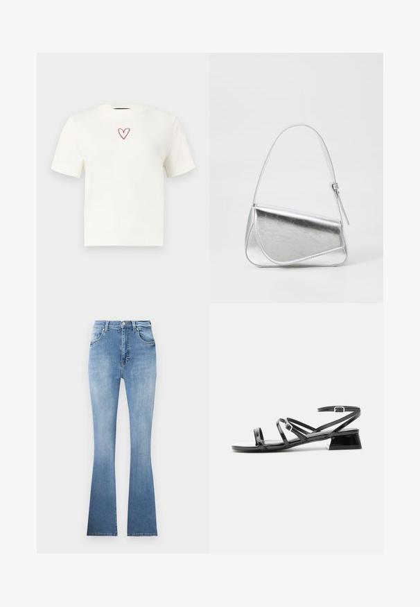 Camiseta blanca de manga corta con cuello redondo y un pequeño corazón con contorno rojo centrado cerca del escote.; Vaqueros de mezclilla de corte acampanado en azul claro, con cintura alta, bolsillos frontales y un ligero desvanecimiento hacia el dobladillo. Presentan costuras claras.; Sandalia baja con tacón de cuero de charol negro con múltiples tiras delgadas y una pequeña correa con hebilla en el tobillo sobre un fondo blanco.; Bolso de mano metálico plateado con forma triangular, textura suave y una fina correa de hombro ajustable. Presenta un diseño plegable con costuras.