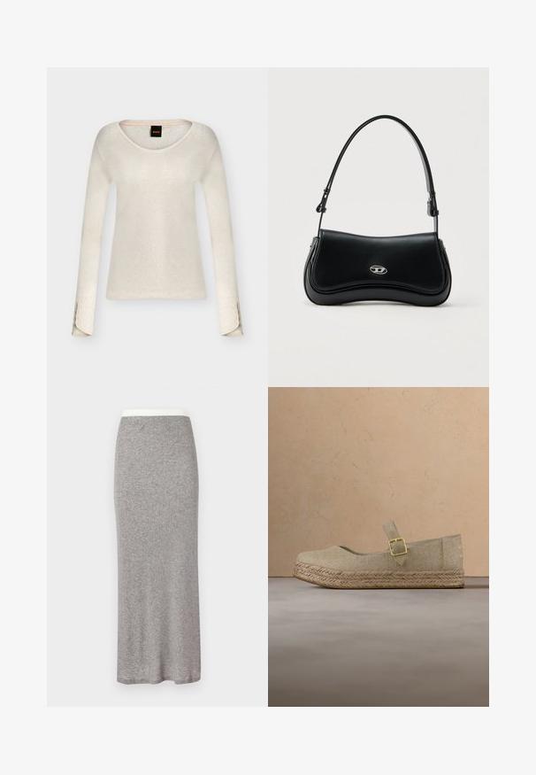 Pull crème à manches longues avec encolure dégagée et détails de boutons aux poignets, avec une petite étiquette noire au col.; Jupe longue en maille grise au toucher doux, taille cintrée. Design simple, sans motifs ni accessoires visibles.; Chaussure Mary Jane en toile beige avec semelle tressée et boucle dorée, flottant au-dessus d'un tapis beige texturé dans une pièce aux tons neutres.; Sac à main en cuir noir avec rabat courbé et logo ovale en argent, doté d'une bandoulière réglable, sur un fond clair uni.