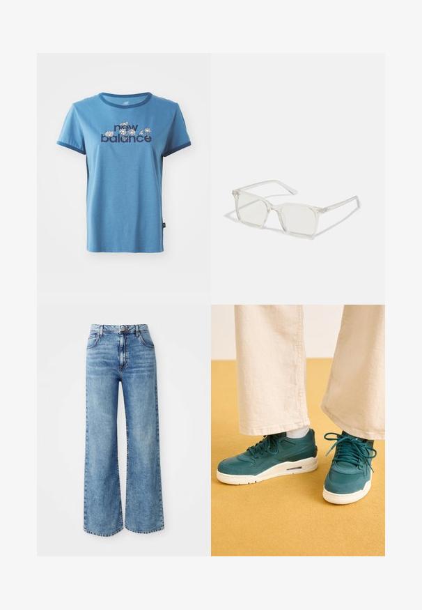Blaues Baumwoll-T-Shirt mit kurzen Ärmeln, Marineblauem Besatz, mit "new balance"-Schriftzug und floralen Designs in Weiß und Gelb auf der Vorderseite.; Hellblaue Denim-Jeans mit weit geschnittenem Bein und hoher Taille, ausgestattet mit fünf Taschen, einer Knopfverschluss und kontrastierender Naht entlang der Nähte.; Türkise Sneaker mit strukturierten Overlays, glatten Seiten und weißen Gummisohlen. Kombiniert mit cremefarbenen, weit geschnittenen Hosen auf einer gelben Fläche.; Klare, quadratische Kunststoffbrillen mit durchsichtigen Gläsern, die goldene Akzente an den Bügeln für zusätzliche Details aufweisen.