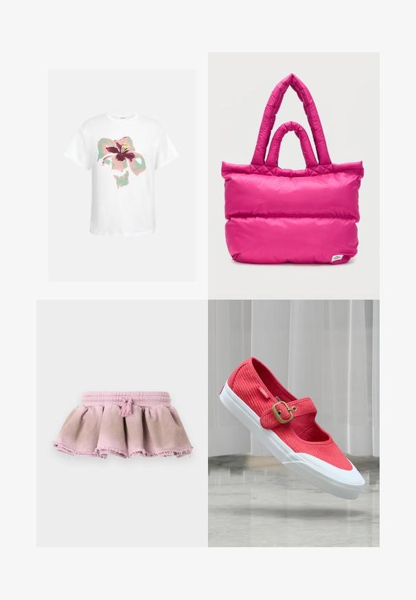 Hvid t-shirt med korte ærmer og et stort abstrakt blomsterdesign i pink, grøn, bordeaux og gul på fronten.; Rosa bomuldsnederdel med en samlet design, der har en frynset kant og elastisk talje med en dekorativ kvast.; Rød kordfløjls Mary Jane-flad sko med guldspænde, hvid gummisål og Vans-mærke, svævende over en reflekterende gulv mod lodrette persienner.; Lyserød polstret skuldertaske med quiltede dobbelte håndtag og et lille hvidt mærke i nederste højre hjørne.