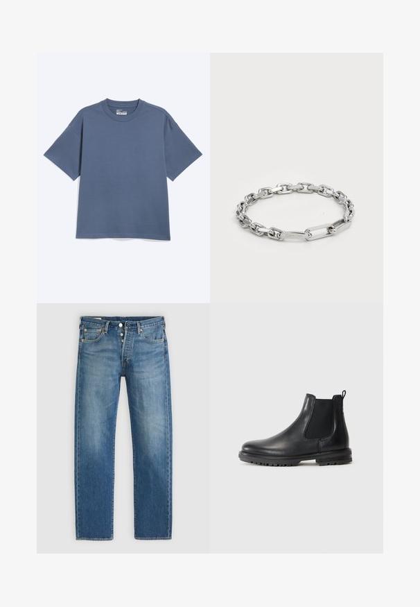 T-shirt met korte mouwen en ronde hals in gedempte blauwe kleur, losvallende pasvorm, met zichtbare binnenlabel waarop "WEEKDAY" staat op een effen lichte achtergrond.; Lichte blauwe denim jeans met een rechte snit, voorzien van vijf zakken, een metalen knoopsluiting en contrasterende gele stiknaad.; Zwarte leren Chelsea-boot met elastische zijpanelen, trekhaak, afgeronde neus en robuuste zool met gripgroeven.; Zilveren kettingarmband met ovale en rechthoekige schakels met een gladde textuur. Gegraveerd Calvin Klein-logo op een platte schakel.