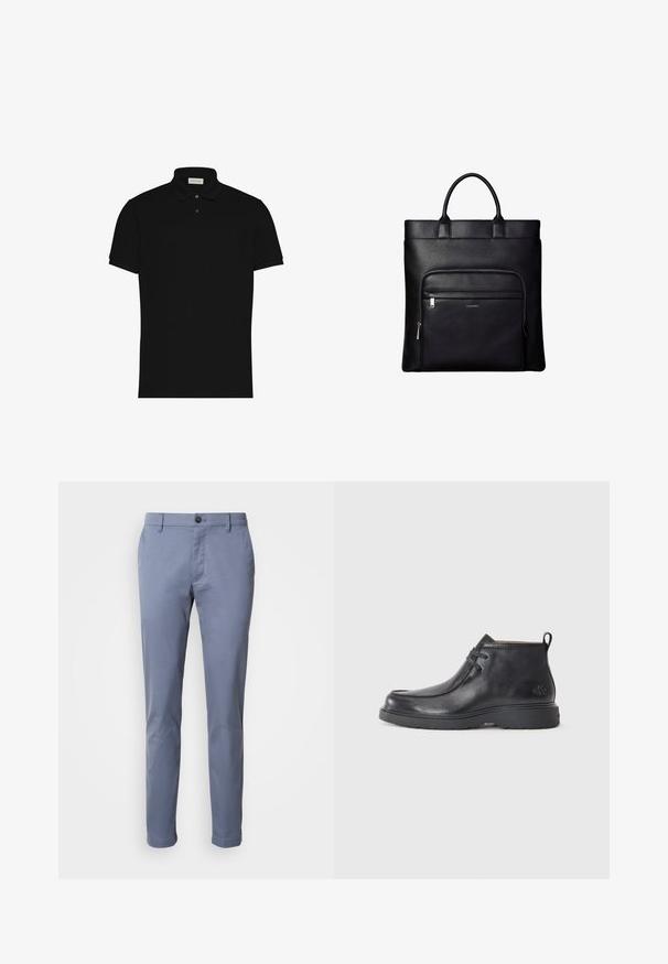 Must musta lühikeste varrukatega polosärk, kahe nupu ja kraega, millel on väike logo rinnal.; Heledad sinised, slim-fit puuvillased chinos. Omavad nuppudega kinnitamist ja küljekotte, sujuva tekstuuri ning hästi istuvat välimust.; Mustad nahkjalatsid, ümarate varvastega, nöörimisega disain ja taga tõmbeosa. Tekstuuriga pealisosa ja kummist tald.; Mustast nahast kandekott pealsete käepidemete ja esiküljel lukuga taskuga, millel on taskul väike Calvin Kleini logo.