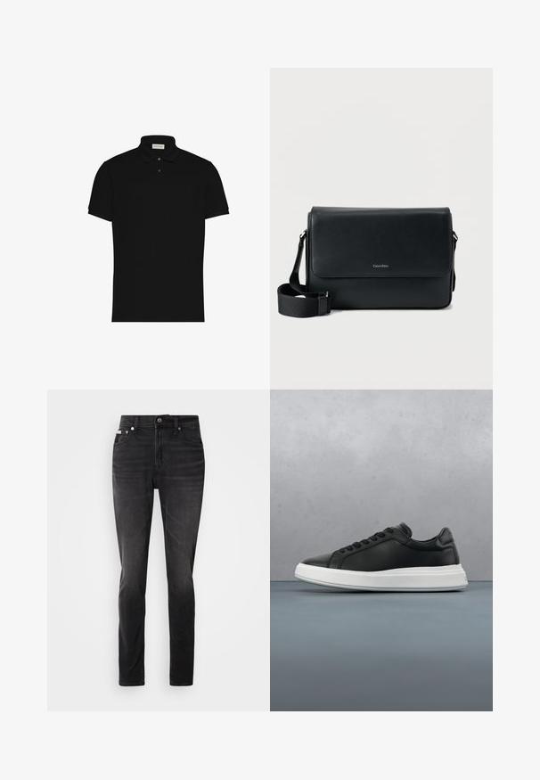 Zwart polohemd met korte mouwen, twee knopen en een kraag, met een klein logo op de borst.; Zwarte denim jeans met een slim fit, vijf zakken ontwerp en knoopsluiting. Kenmerkt zich door een subtiele vervaging en stikselaccenten op de zakken.; Zwarte leren sneaker met een gladde afwerking, witte rubberen zool, ronde vorm, zes openingen voor veters en subtiele branding op de hiel.; Zwarte leren messengerbag met een gestructureerde afwerking, verstelbare riem en een voorflap met een subtiel logo. Compacte en rechthoekige vorm.