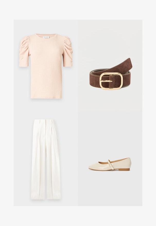 Blouse rose clair à manches courtes avec épaules bouffantes, tissu texturé et encolure ronde. L'étiquette indique "ANNA FIELD".; Pantalon blanc taille haute à jambes larges avec plis, passants pour ceinture, poches avant et fermeture dissimulée à l'avant.; Ballerines en cuir verni beige avec un embout carré, un petit talon et une bride ajustable à la cheville avec une boucle dorée.; Ceinture en daim marron avec une boucle rectangulaire en métal doré. La ceinture présente une texture lisse et est conçue pour se fixer à la taille.