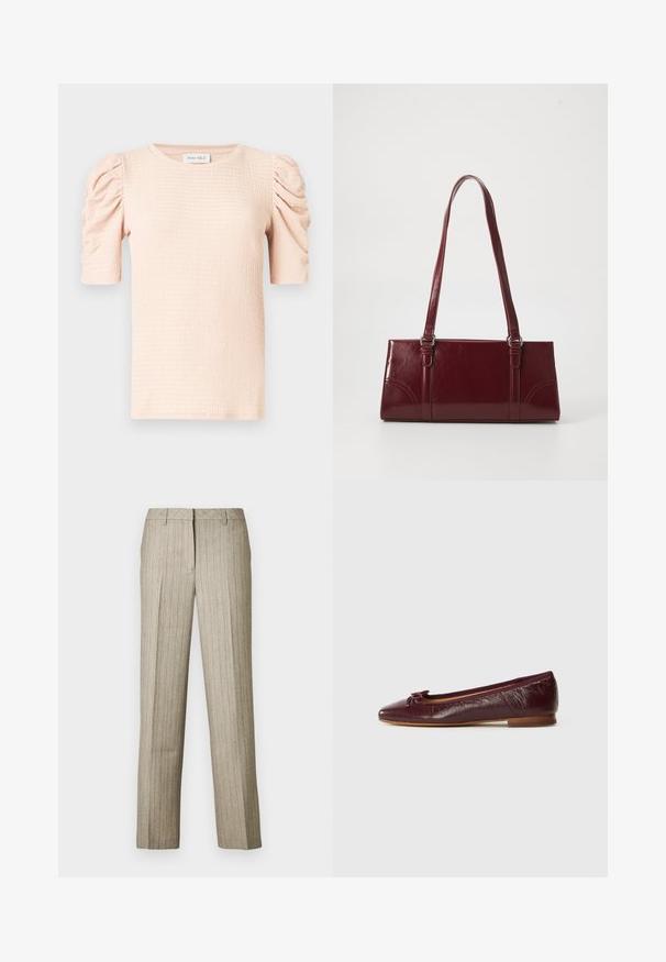Lyserød bluse med korte ærmer og puffede skuldre, tekstureret stof og rund halsudskæring. Mærket lyder "ANNA FIELD."; Beige bukser med nålestriber og et lige ben-design, der har en struktureret linning og en subtil tekstur i hele stoffet.; Bordeaux læder balletflade med spids tå, en lille sløjfe accent og en tekstureret finish. Lav træhæl.; Bordeaux håndtaske lavet af glansfuldt materiale, rektangulær form, med to skulderremme og subtile buede detaljer på forsiden.