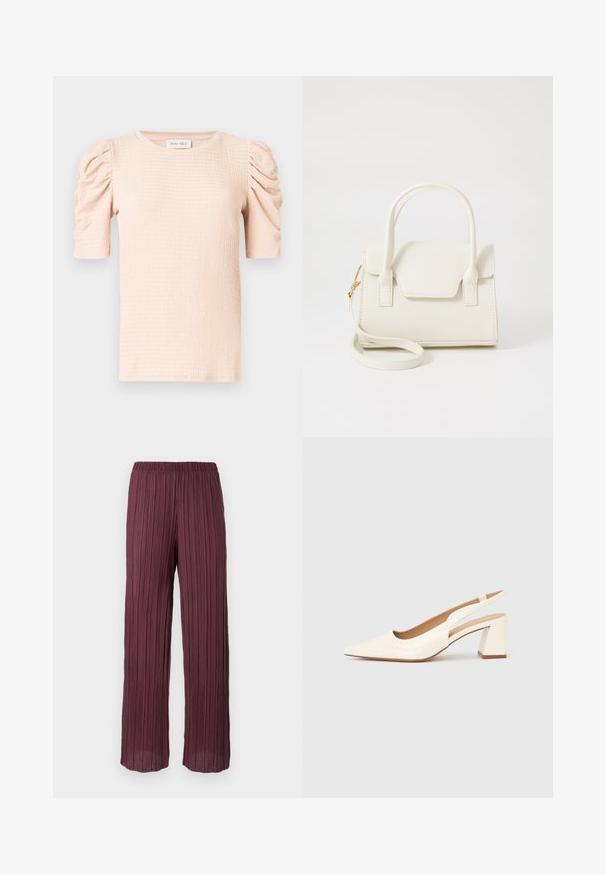 Blusa de manga corta color rosa claro con hombros abullonados, tela texturizada y escote redondo. La etiqueta dice "ANNA FIELD".; Pantalones plisados en burdeos oscuro con una cinturilla elástica, que presentan un diseño fluido de pierna ancha y pliegues verticales en todo su recorrido.; Zapato de salón con tira trasera en charol crema brillante, con punta afilada y tacón cuadrado grueso para mayor estabilidad. Diseño minimalista, sin adornos.; Bolso pequeño blanco con doble asa, solapa frontal y correa de hombro desmontable con cierre dorado sobre fondo blanco liso.