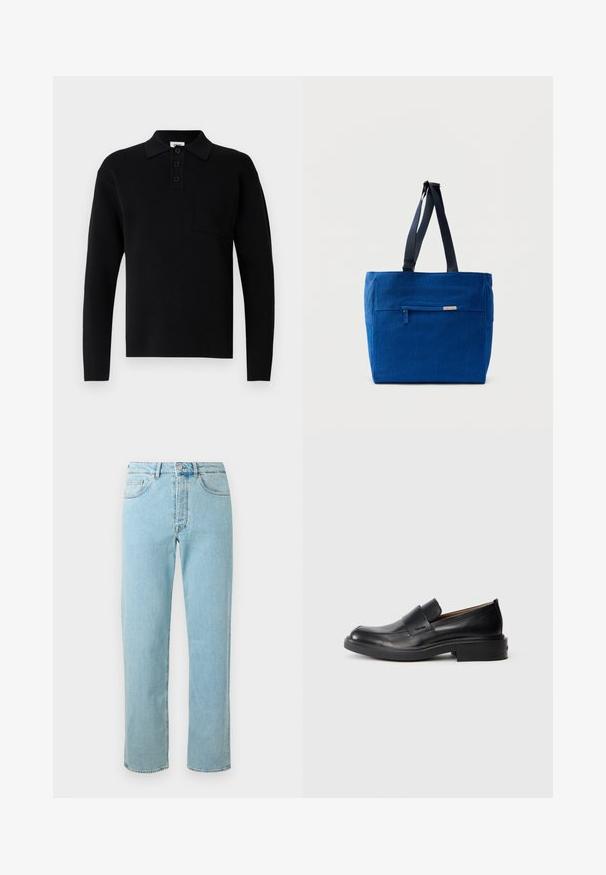 Zwart poloshirt met lange mouwen gemaakt van zacht materiaal, voorzien van een kraag, een drieknopsbies en een klein borstzakje.; Lichtblauwe denim jeans met een rechte pijp, uitgerust met vijf zakken, een ritssluiting en subtiele vervagingen door de stof.; Zwarte leren instap schoenen met een lage hak en subtiel Calvin Klein-logo aan de zijkant, weergegeven in profiel op een witte achtergrond.; Blauwe canvas boodschappentas met een voorvak met rits, dubbele schouderbanden en een rechthoekige vorm. Heeft een subtiel merklabel.