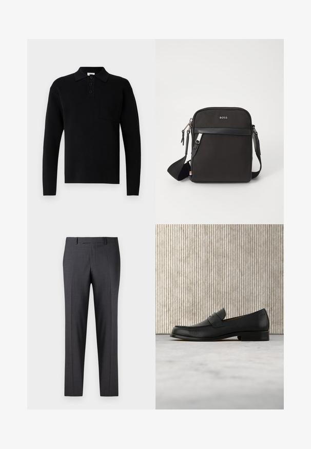 Zwart poloshirt met lange mouwen gemaakt van zacht materiaal, voorzien van een kraag, een drieknopsbies en een klein borstzakje.; Op maat gemaakte donkergrijze broeken van een soepel, gestructureerd weefsel; heeft een vlakke voorkant en rechte pijpen; minimalistisch ontwerp zonder zichtbare accenten.; Zwarte leren loafer zweeft boven een beige tapijt met op de achtergrond een glanzende, ronde, bruine tafel.; Zwarte schoudertas van textuurstof, met logo aan de voorkant, ritssluiting en verstelbare schouderband. Voorzien van een gladde leren rand.
