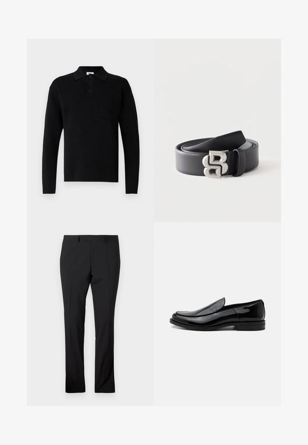 Schwarzes Polohemd mit langen Ärmeln aus weichem Material, mit Kragen, dreiknöpfiger Blende und kleiner Brusttasche.; Schwarze maßgeschneiderte Hose mit Gürtelschlaufen, vorderer Bügelfalte und geradem Beinaufschnitt auf einem schlichten weißen Hintergrund.; Schwarzer glänzender Lederslipper mit niedrigem Absatz und abgerundeter Spitze, seitlich auf weißem Hintergrund betrachtet.; Schwarzer Ledergürtel, aufgerollt, mit einer silbernen Metallschnalle, die ein stilisiertes doppeltes „B“-Design auf weißem Hintergrund zeigt.