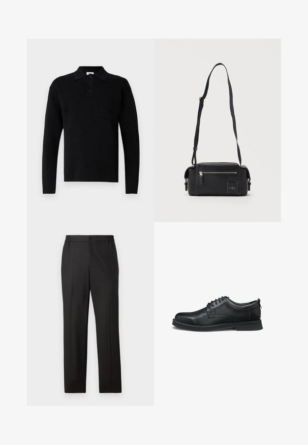 Polo negro de manga larga hecho de material suave, con cuello, tapeta de tres botones y un pequeño bolsillo en el pecho.; Pantalones negros con diseño de pierna recta, cintura elástica con cierre de botón, frente plano y textura de tela suave.; Zapato de vestir de cuero negro con cordones, punta redonda, tacón bajo y detalle sutil de texto en relieve en el panel lateral.; Bolso bandolera rectangular negro con bolsillo frontal con cremallera, correa de hombro ajustable y pequeño parche con el logo de Calvin Klein.