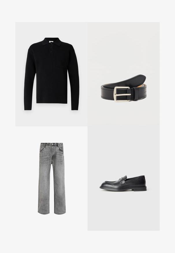 Zwart poloshirt met lange mouwen gemaakt van zacht materiaal, voorzien van een kraag, een drieknopsbies en een klein borstzakje.; Grijze denim jeans met een recht gesneden ontwerp, hoge taille, vijf zakken en een vervaagde textuur. Voorzien van een knopenfly en riemlussen.; Zwarte leren loafers met een gestructureerde afwerking, voorzien van een decoratieve voorstrik en een afgeronde neus. Rubberzool voor duurzaamheid.; Zwarte leren riem met zilverkleurige rechthoekige gesp, opgerold met zichtbare stiksels langs de randen op een effen witte achtergrond.