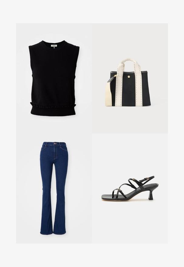 Sort ærmeløs sweater lavet af blødt strikkemateriale. Har rundt halsudskæring og samlet bundkant med ribkant. Enkel, moderne design.; Flarede mørkeblå jeans i bomuldsdenim, høj i taljen med fem lommer, subtile syninger og en glat finish.; Sorte lakerede sandaler med stropper, kvadratisk tå og en lav blokhæl. Udstyret med guldfarvet hardware og justerbare ankelremme.; Sort mulepose med brede hvide syede håndtag og en aftagelig hvid skulderrem, sat op mod en ensfarvet baggrund.