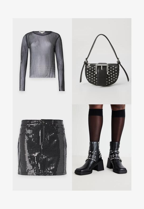 Top long à manches longues transparent noir avec un col rond, orné de clous en argent disposés en motif sur le tissu.; Mini-jupe en sequins noirs avec un design ajusté, fermeture à bouton et une texture brillante qui reflète la lumière. Ourlet droit et poches fonctionnelles.; Bottes noires à la cheville avec un talon épais, ornées de clous argentés et de sangles, en cuir avec une texture lisse et une fermeture éclair.; Sac à main en cuir noir avec une forme arrondie, orné de clous en argent et d'une boucle en argent bien visible à l'avant. Sangle ajustable incluse.