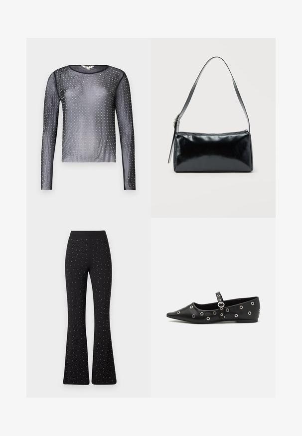 Top long à manches longues transparent noir avec un col rond, orné de clous en argent disposés en motif sur le tissu.; Pantalons noirs évasés avec de petits pois blancs répartis uniformément et une ceinture simple sur fond blanc.; Chaussure plate en cuir noir avec un orteil pointu, ornée d'œillets en argent décoratifs et d'une sangle ajustable autour de la cheville.; Sac d'épaule rectangulaire noir avec une sangle réglable unique et une fermeture éclair supérieure sur un fond uni.