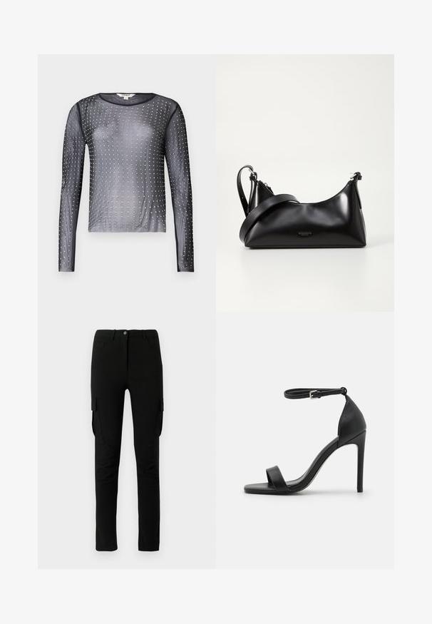 Doorzichtig zwart langemouwen top met een ronde halslijn, versierd met zilveren studs die in een patroon over de stof zijn gerangschikt.; Zwarte cargobroek met een slim fit, voorzien van zijzakken, een knoopsluiting en een gladde, licht gestructureerde stof.; Zwarte sandalen met hoge hakken, met een slank ontwerp, voorzien van een enkelbandje, open teen en een gladde leren textuur.; Zwarte leren handtas met een gladde textuur. Beschikt over een verstelbare schouderband en een strak, minimalistisch ontwerp met een ritssluiting.