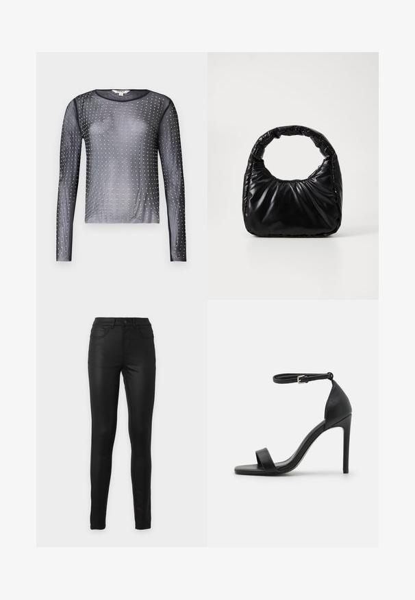 Doorzichtig zwart langemouwen top met een ronde halslijn, versierd met zilveren studs die in een patroon over de stof zijn gerangschikt.; Zwarte high waist skinny jeans met voor- en achterzakken, riemlussen en een knoopsluiting op een effen achtergrond.; Zwarte sandalen met hoge hakken, met een slank ontwerp, voorzien van een enkelbandje, open teen en een gladde leren textuur.; Zwarte gevoerde handtas met een ronde handgreep, met een gladde, glanzende oppervlakte en een zachte, gewatteerde textuur. Geen zichtbare metalen onderdelen of accenten.