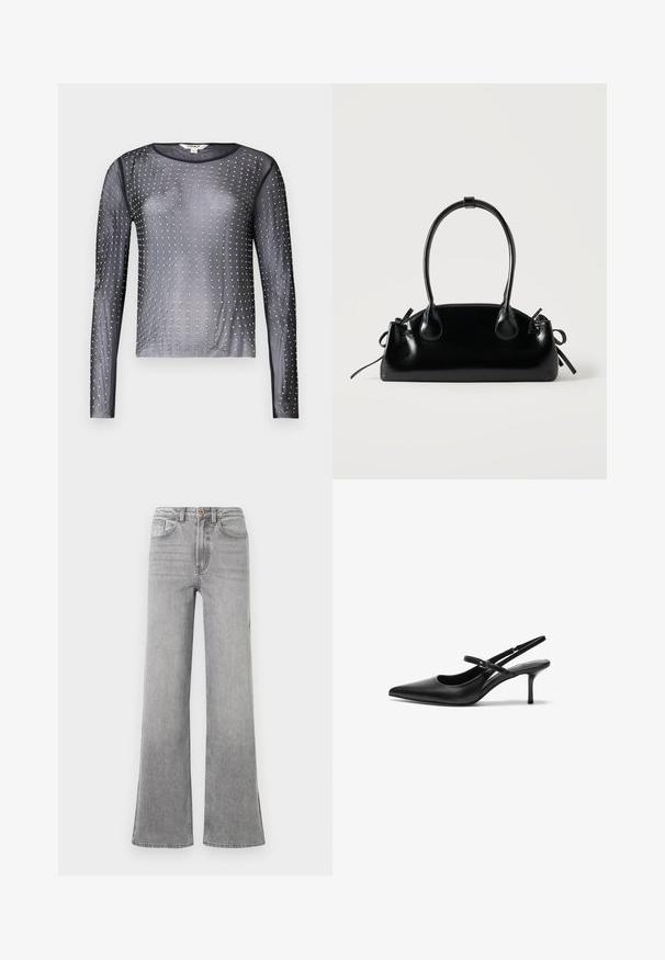 Top negro transparente de manga larga con cuello redondo, adornado con tachuelas plateadas dispuestas en un patrón a lo largo de la tela.; Jeans de mezclilla gris de campana con una cintura alta, bolsillos delanteros, trabillas para el cinturón y un sutil diseño descolorido, presentados sobre un fondo blanco.; Zapatos de tacón slingback de cuero negro con punta afilada, correa ajustable delgada y un tacón de aguja de aproximadamente 5 cm, textura suave.; Pequeño bolso negro brillante con dos asas largas y detalles de cordón lateral sobre un fondo claro liso.