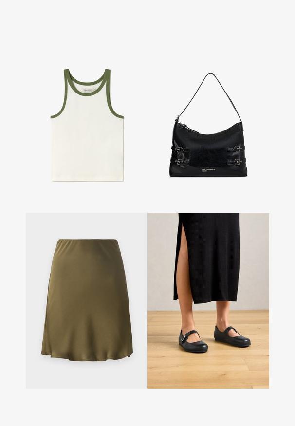 Witte geribbelde tanktop met groene bies rond de halslijn en armopeningen. Etiket zichtbaar aan de binnenkant. Eenvoudig, slank ontwerp, geschikt voor lagen.; Olijfgroene satijnen rok met een elastische tailleband, uitlopende stijl en zijsplit. Gladde textuur en knielange snit.; Vrouw in een zwarte ribbel midi-rok met een zijsplit, draagt zwarte Mary Jane ballerina's op een houten vloer.; Zwarte leren schoudertas met twee decoratieve zijgespen, een ritssluiting en het "Karl Lagerfeld Jeans" logo op de voorkant.