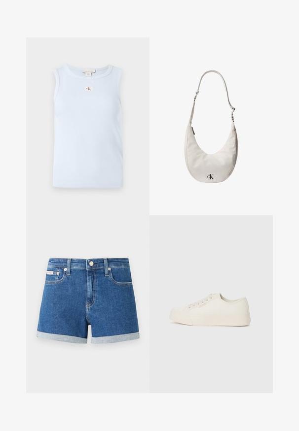 Hellblaues ärmelloses Oberteil aus geripptem Stoff, mit rundem Ausschnitt und einem kleinen CK-Logoetikett auf der Vorderseite.; Dunkelblaue Jeansshorts mit umgeschlagenen Säumen. Verfügt über einen Knopfverschluss und Fronttaschen. Glatte Textur mit dezenten Steppdetails.; Sneaker aus off-weißem Canvas, mit einem Low-Top-Design, runder Zehenpartie und flacher Gummisohle mit dezenten Nähdetails.; Weiße, halbmondförmige Lederschultertasche mit verstellbarem Riemen, Reißverschluss und schwarzem Calvin Klein Logo auf der Vorderseite.