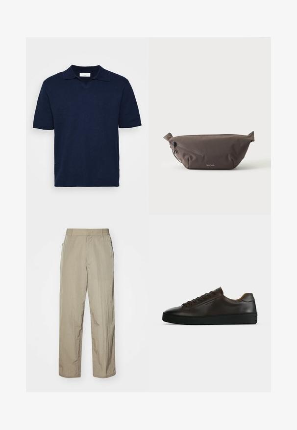 Marineblaues kurzärmeliges Poloshirt mit V-Ausschnitt, aus strukturiertem Stoff, mit einem dezenten Markenlabel am Ausschnitt.; Beige leichte Hose mit lockerer Passform, ausgestattet mit einem elastischen Bund und seitlichen Taschen. Der Stoff wirkt strukturiert und leicht zerknittert.; Flach geschnittener dunkelbrauner Ledersneaker mit schwarzer Gummisohle, Schnürung vorne und schlicht-minimalistischem Design auf hellem Hintergrund.; Dunkelbraune Stoff-Gürteltasche mit diagonalem Reißverschlussfach und kleinem weißen Logo vorne, vor einem einfarbigen hellen Hintergrund.