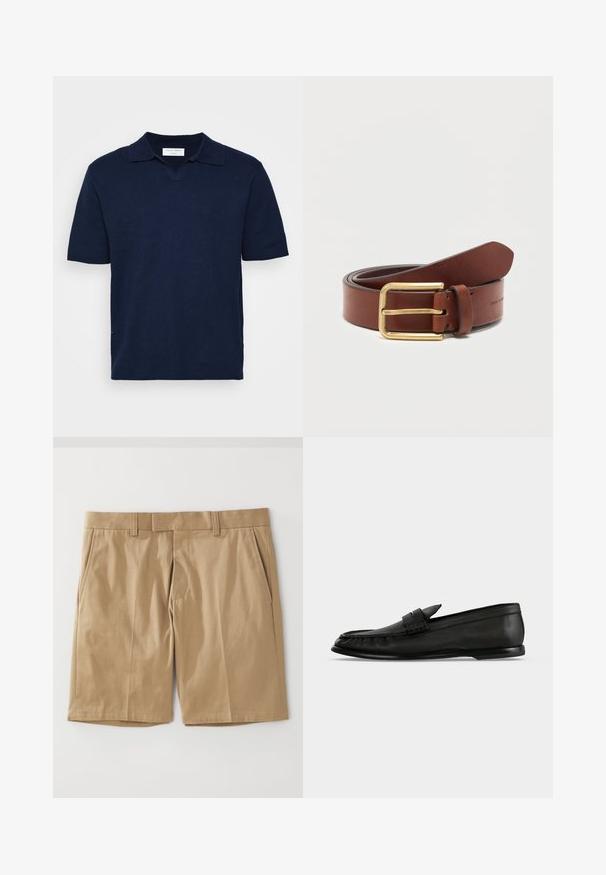 Mørkeblå kortærmet polo-shirt med v-udskæring, lavet af struktureret stof, med en diskret mærkeetiket på halsudskæringen.; Khaki shorts med en glat, vævet tekstur, der har to sidelommer og en lige snit, designet med en flad talje og bæltestropper.; Sort læderloafer med lav hæl og remdetalje over oversiden, vist i sideprofil på en lys baggrund.; Brunt læderbælte med gylden rektangulær spænde, rullet sammen på en ensfarvet hvid baggrund.
