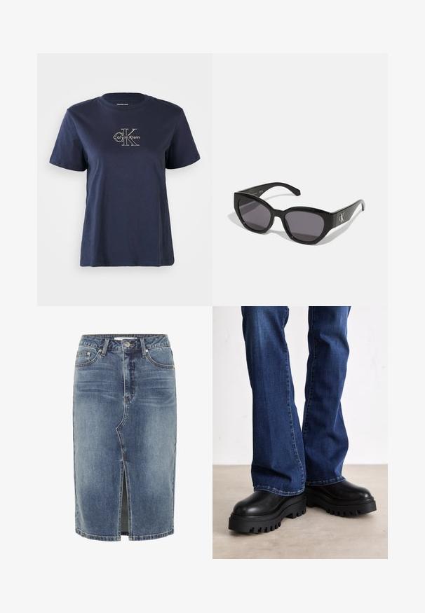 Camiseta de algodón azul marino con mangas cortas, que presenta un pequeño logo blanco de "Calvin Klein" en el centro frontal. Cuello redondo, ajuste casual.; Falda de mezclilla azul hasta la rodilla con una abertura en el centro delantero, diseño de cinco bolsillos y cierre de botón en la cintura.; Botas de plataforma negras gruesas con suelas de goma texturizada, punta redondeada y parte superior de cuero suave, combinadas con jeans de campana azules.; Gafas de sol negras con un diseño elegante y angular, lentes oscuros y un logo plateado en contraste en el lateral. Textura de plástico suave.