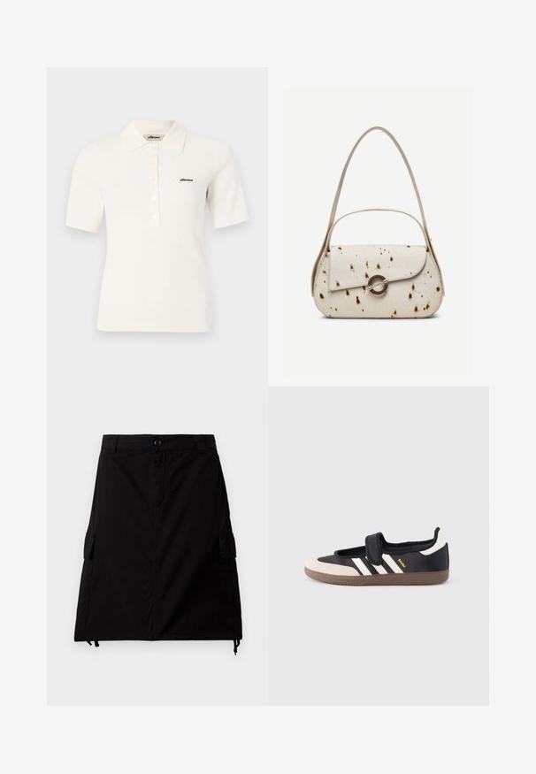 Wit polohemd met korte mouwen en geribbelde stof, voorzien van kraag en knoopsluiting, met klein zwart "ellesse"-logo op de linkerborst.; Zwarte cargorok van een katoenmengsel met een rechte snit, voorzien van zijzakken, een voorste knoopsluiting en een verstelbare drawstring onderrand.; Zwart-beige sneaker met een klittenbandsluiting, drie witte strepen aan de zijkant en een getextureerde bruine rubberen zool. Merkembleem zichtbaar.; Crèmekleurige handtas met bruine spikkels, gebogen klep met ronde metalen sluiting, voorzien van twee dunne bandjes, waarvan één langer voor gebruik over de schouder.