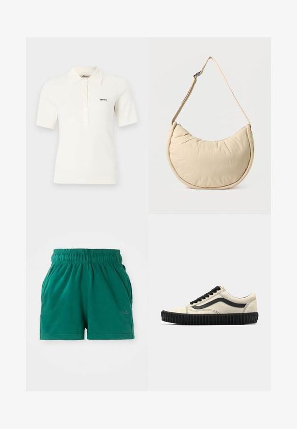 Hvid kortærmet ribbet poloshirt med krave og knapstolpe, med lille sort "ellesse" logo på venstre bryst.; Grønne elastiske casual shorts med sidelommer og en diskret logo på højre ben.; Beige lærredssneakers med en sort gummisål, sorte snørebånd og detaljer i sidebånd. Struktur overflade med et strømlinet design.; Beige skuldertaske i halvmåneform med en blød, polstret overflade. Har justerbar rem og lynlås langs den øverste kant.