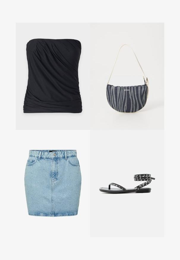 Top negro sin tirantes, hecho de una tela suave y ligera con textura drapeada y lados fruncidos. Diseño sencillo y minimalista sin patrones.; Minifalda de mezclilla azul claro con corte recto, que presenta adornos metálicos plateados y un diseño clásico de cinco bolsillos.; Sandalia plana negra con tiras delgadas, tachuelas plateadas y cierre de hebilla en el tobillo sobre un fondo claro y sencillo.; Bolso de denim con forma curvada, con un patrón de rayas de cebra en azul marino y azul claro, asa blanca y el logotipo de la marca exhibido de forma prominente.