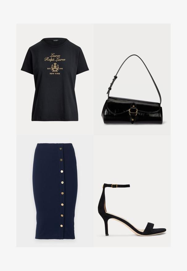 Must lühikeste varrukatega T-särk kuldse tikandiga tekstiga "Lauren Ralph Lauren", dekoratiivse vapiga ja "EST. 1996 NEW YORK" esiküljel.; Tumesinine põlveni ulatuv pliiatsseelik, millel on esimesel paremal küljel vertikaalne rida kaheksast kuldsest nupust.; Mustast seemisest kõrge kontsaga sandaal kitsaste pahkluu rihma ja kuldse pandlaga, avatud varbaga ja mõõduka kontsaga tavalise valge taustaga.; Mustmust nahk käekott ümmarguse kujuga, eemaldatava õlavööga ja kuldse luku sulgemisega esiküljel. Sile tekstuur.