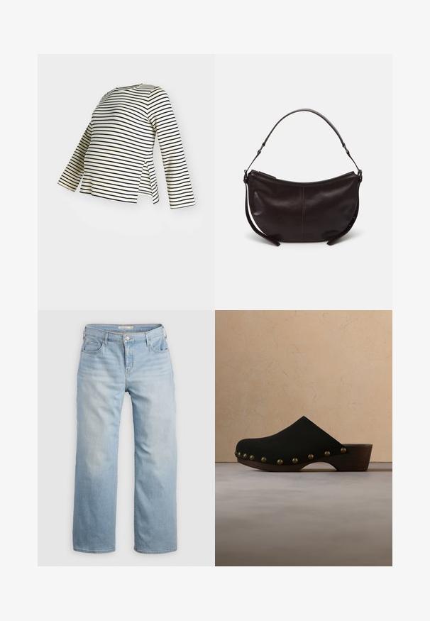 Langærmet top i cremefarve med marineblå striber, med rund halsudskæring og sideslids for en afslappet pasform. Stoffets tekstur virker blød.; Lyseblå vide jeans lavet af denim. Har høj talje, fem lommer og kontrastsyede detaljer. Glat tekstur med en slidseffekt.; Sort trætræsko med messingnitter langs sålkanten, svævende over beige tæppe i et rum med neutrale farvetoner.; Mørkebrun læder skuldertaske med en buet form, glat tekstur og en enkelt justerbar rem. Har lynlåslukning.
