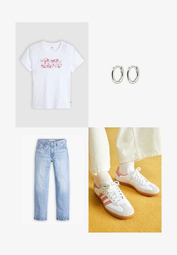 Witte katoenen T-shirt met een bloemenprint "Levi's" logo in roze, korte mouwen en een ronde hals. Soepele textuur, eenvoudige pasvorm.; Lichtblauwe denim jeans met een rechte pijp, vijf zakken en een middelhoge taille. Heeft een vervaagde textuur en een gestikte zoom.; Witte sportschoenen met roze accenten, gemaakt van suede en leer, met een ronde neus en een rubberen zool, weergegeven met lichtgekleurde sokken op een gele achtergrond.; Zilveren creolen met een gladde, glanzende afwerking. Geronde vorm met een veilige sluiting. Minimalistisch ontwerp met een subtiele draai-detail.