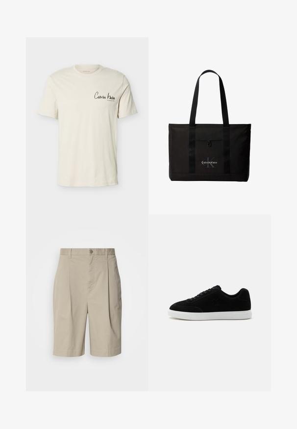 Εκρού κοντομάνικη μπλούζα με το λογότυπο Calvin Klein και το κείμενο «Established 1968» στο αριστερό στήθος, στρογγυλή λαιμόκοψη, απλό σχέδιο.; Μπεζ βαμβακερές βερμούδες με πλισέ μπροστά, κούμπωμα στη μέση και πλαϊνές τσέπες. Απαλή υφή και μήκος μέχρι το γόνατο.; Μαύρο χαμηλό sneaker με κορδόνια μπροστά, διακριτικό λογότυπο "ck" στο πλάι και παχύ λευκό λαστιχένιο πέλμα σε απλό ανοιχτό φόντο.; Μαύρη τσάντα tote Calvin Klein με δύο μακριές λαβές και μπροστινή τσέπη, με το λογότυπο της μάρκας σε λευκό και γκρι.