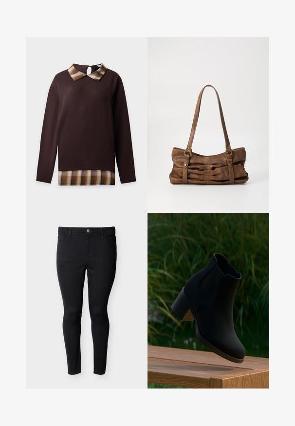 Donkerbruine top met lange mouwen met beige en bruine geruite kraag en zoomdetail, knoopsluiting met sleutelgat aan de achterkant van de halslijn.; Zwarte slim-fit spijkerbroek met vijf zakken en knoopsluiting, weergegeven op een witte achtergrond.; Zwarte enkellaars met blokhak zwevend boven een houten bank, groene grasachtergrond.; Even&Odd by Zalando Handtas - brown
