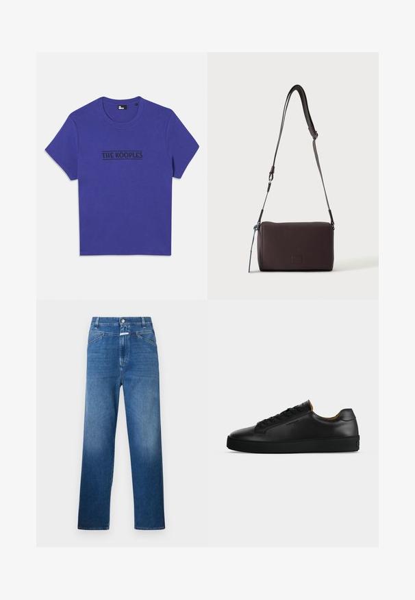 Paarse katoenen t-shirt met korte mouwen en een ronde hals, met een zwart logo met de tekst "THE KOOPLE" over de borst.; Blauwe denim jeans met een rechte pijp, voorzien van een knoopsluiting, riemlussen en subtiele vervaging op de bovenbenen.; Zwarte lage leren sneaker met zwarte veters, gestructureerde rubberen zool en klein geperst logo aan de zijkant, zijaanzicht tegen een grijze achtergrond.; Donkerbruine gestructureerde leren crossbodytas met verstelbare riem en klein decoratief blauw accent aan de zijkant.