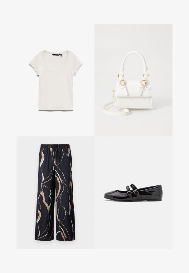 Top blanco de punto acanalado de manga corta con escote redondo, etiqueta de marca negra visible dentro del cuello, colocado plano sobre fondo blanco.; Pantalones de pierna ancha en un tejido azul marino oscuro, con un atrevido patrón abstracto en beige y blanco. Cintura elástica con detalle de cordón.; Zapatos de charol negro con punta cuadrada, que cuentan con dos correas ajustables con hebillas en el medio del pie y una suela plana y de bajo perfil.; Bolso de mano de imitación cuero blanco con un diseño estructurado, acentos en hardware dorado, doble asa superior y una correa para el hombro ajustable.