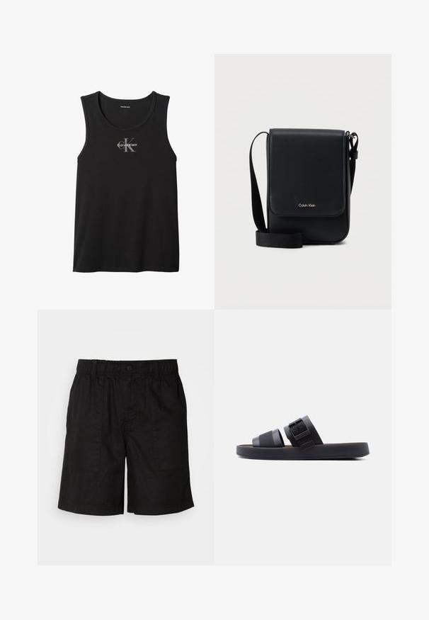 Sort, ærmeløs Calvin Klein tanktop med "cK Calvin Klein"-logo centreret på brystet.; Sorte shorts med elasticiseret talje og knaplukning. Har to store sidelommer med et struktureret stof. Casual design.; Sort slidesandal med to remme, hvoraf den ene har en spænde, på en flad sål mod en ens hvid baggrund.; Sort Calvin Klein crossbody-taske med klap, justerbar rem og lille guldlogo på forsiden, mod en ens hvid baggrund.