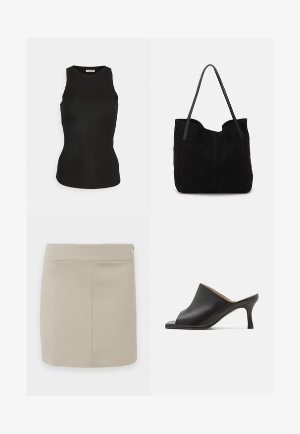 Sofie Schnoor Top - black; Beige minirok gemaakt van zachte stof, met een rechte snit, eenvoudig ontwerp en een verborgen ritssluiting aan de zijkant.; Selected ASHLEY - Muiltjes met hak - black; Zwarte suede tote bag met twee lange, platte leren handvatten. Heeft een gebogen bovenrand en zichtbare stiksels aan de voorkant. Geen hardware-accenten.