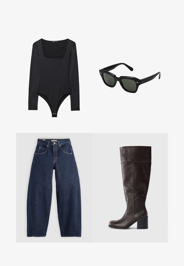 Zwart bodysuit met lange mouwen en een vierkante halslijn, gemaakt van gladde stof, met drukknoopsluiting aan de onderkant. Aansluitend ontwerp met mouwen die volledig bedekken.; Donkerblauwe denim jeans met een losse fit, lichte stiksels, vijf zakken en een knoopsluiting op de taille.; Bruine leren kniehoog laars met een ronde neus en een gestapelde hak. Heeft een gladde textuur en zijstiksel details.; Zwarte vierkante zonnebril met donker groene lenzen, uitgerust met gedurfde monturen en zilveren accenten aan de zijkanten. Gemaakt in Italië.