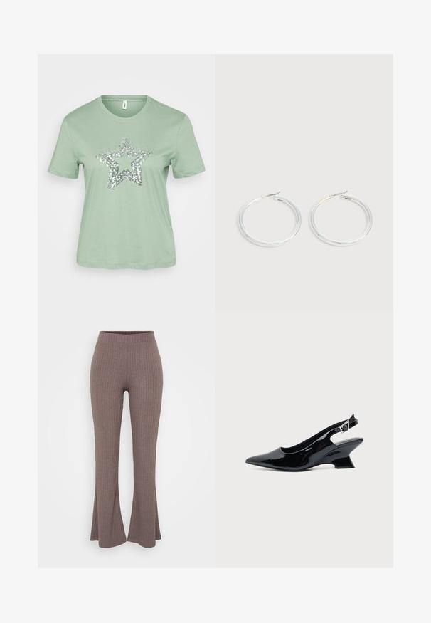 Mintgrünes T-Shirt mit kurzen Ärmeln und einem großen silbernen Paillettenstern-Design auf der Vorderseite. Hergestellt aus leichtem, weichem Baumwollstoff.; Braune gerippte Schlaghosen mit einem hohen, dehnbaren Bund und einer weichen Textur, die ein dezentes vertikales Muster aufweisen.; Schwarzer Slingback-Schuh aus Lackleder mit spitzer Spitze und niedrigem, schrägem Blockabsatz auf einfachem hellem Hintergrund.; Paar glänzende silberne Creolen mit dünnen Drahtverschlüssen, dargestellt vor einem hellgrauen Hintergrund.
