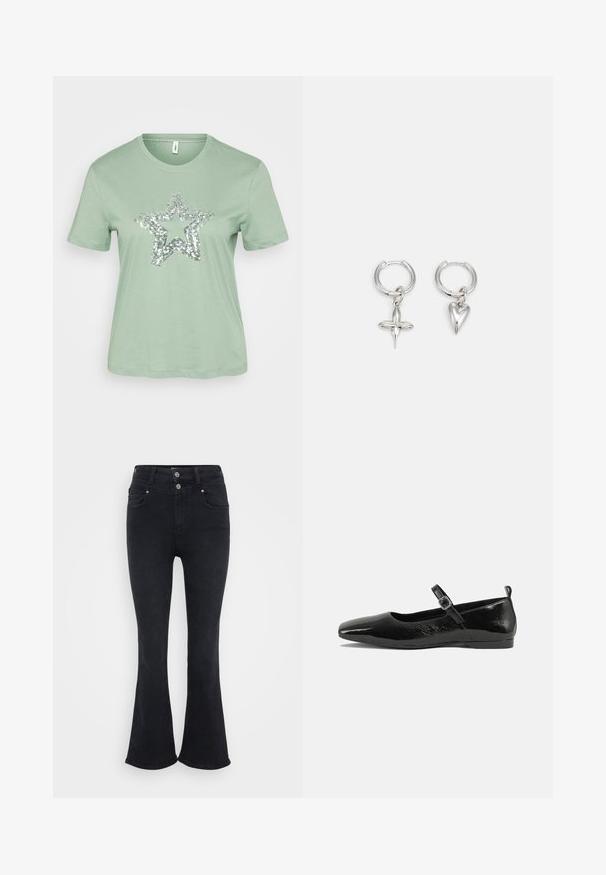 T-shirt vert menthe à manches courtes avec un grand motif d'étoile en sequins argentés sur le devant. Fabriqué en coton léger et doux.; Jean noir évasé avec taille haute, fabriqué en tissu denim. Comprend deux poches avant et une fermeture à double bouton à la taille.; Chaussure plate en cuir verni noir avec un bout pointu, une sangle de cheville avec boucles, et une texture lisse et brillante. Talon bas pour le confort.; Boucles d'oreilles en argent en forme de cerceau avec un charme croix et cœur. Texture lisse et brillante avec une finition polie. Chaque charmepend d'une boucle sécurisée.