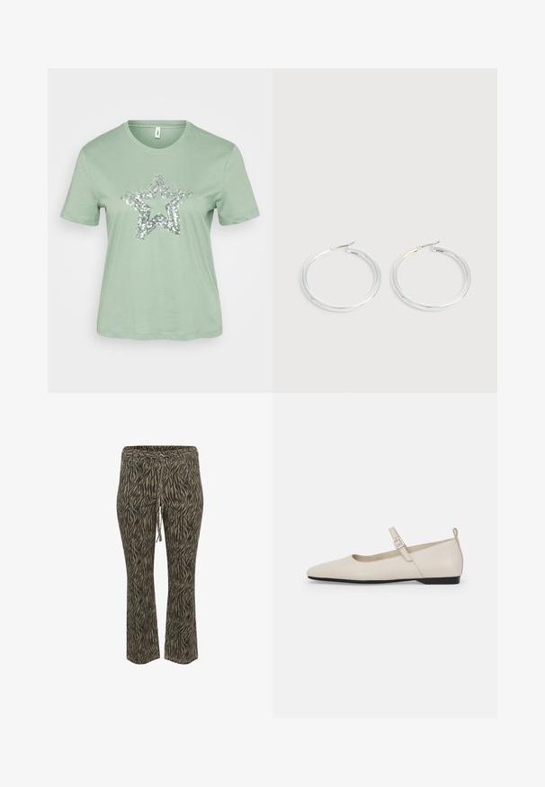 Mintgrøn kortærmet t-shirt med et stort sølvfarvet paljett-stjernedesign på fronten. Fremstillet af let og blødt bomuldsstof.; Buks med elastisk talje og snøre i khaki og beige zebra mønster. Mellemhøj talje, flared ben design, blød tekstur. Velegnet til afslappet brug.; Hvide ballerinasko i læder med spids tå, ankelsnor og lav sort hæl. Glat tekstur med minimale detaljer.; Par skinnende sølvøreringe med tynde trådlåse, vist på en lys grå baggrund.