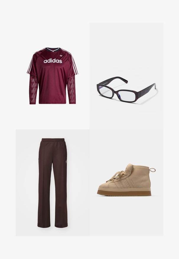 Tumepunane Adidas pika varrukaga särk võrgust varrukatega, valge logoga ja triipudega õlgadel, must-valge kraega, esikülg vaadates.; Kohvilised spordipüksid elastse vöökohtaga, kahe külgmise taskuga ja väikese logoga vasakul küljel, valmistatud pehmest kangast.; Bež sametist tõusujalatossid paksu kummitaldaga, millel on volditav keel, ümarate varvastega ja dekoratiivsete paeltega.; Pruunist kilpkonnakujulisest raamist valmistatud ristkülikukujulised prillid selgete läätsedega ja peenete käepidemetega, mis näitavad sujuvat tekstuuri ja minimalistlikku disaini.