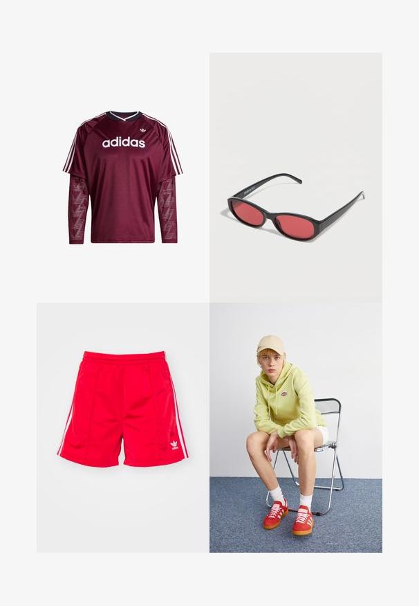Mørkerød Adidas langærmet trøje med netærmer, hvidt logo og striber på skuldrene, sort og hvid krave, forfra.; Røde sports shorts med elastisk talje, der har hvide sideløbninger og et broderet logo nederst til venstre. Glat tekstur.; Lysegrøn hættetrøje med logo, hvide shorts, røde sneakers med hvide striber, siddende på en krom foldebænk mod en neutral baggrund.; Sorte ovale solbriller med tynde arme og rødtonede linser, der ligger på en hvid overflade.