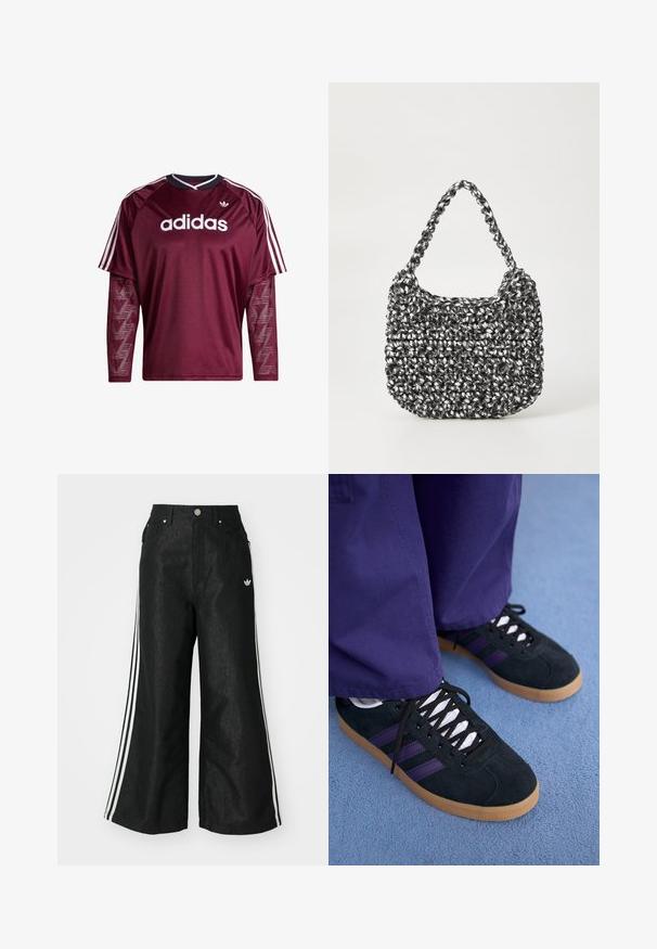 Vínovočervené tričko Adidas s dlhým rukávom a sieťovinovými rukávmi, biele logo a pruhy na pleciach, čierno-biely golier, pohľad spredu.; Čierne džínsy s širokým strihom, s tromi bielymi pruhmi po stranách a malým bielym logom. Obsahujú predné vrecká a zapínanie na gombík.; Čierne semišové tenisky s fialovými pruhmi, bielymi šnúrami a gumenými podrážkami. Nosené s voľnými fialovými nohavicami, nastavené proti modrému pozadiu.; Tkaná kabelka v čierno-bielej kombinácii s oválnym tvarom, textúrovaným povrchom a pletenou rúčkou. Vhodná na bežné nosenie.