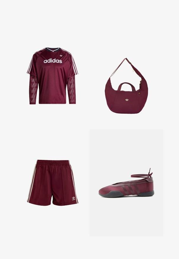Donkerrode Adidas longsleeve met mouwen van mesh, wit logo en strepen op de schouders, zwarte en witte kraag, voorkant gezien.; Bordeauxkleurige sportshorts met een elastische tailleband, drie witte strepen aan elke kant en een klein wit Adidas-logo aan de onderkant links.; Bordeauxrode ballerina met zwarte zool, elastische enkelbandjes die in een strik zijn gebonden, en gestikte details aan de zijkanten, gezien vanaf de buitenkant.; Karmozijnrode halve maanvormige schoudertas met dubbele handvatten en gouden ritssluiting, met een klein gouden Adidas-logo op het voorste midden.