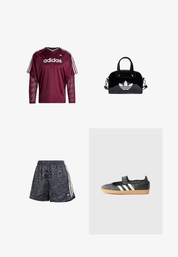 Donkerrode Adidas longsleeve met mouwen van mesh, wit logo en strepen op de schouders, zwarte en witte kraag, voorkant gezien.; Zwarte shorts met een luipaardprint, elastische tailleband en drie witte verticale strepen langs de zijkanten.; Zwarte leren en suède sneaker met een klittenbandsluiting, voorzien van drie witte strepen en een gumzool, met de naam "SAMBA" aan de zijkant.; Zwarte gepatenteerde leren handtas met een afgeronde vorm, dubbele handvaten bovenaan, zilveren accenten en een opvallend wit logo aan de voorkant.