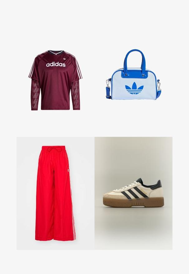 Tumepunane Adidas pika varrukaga särk võrgust varrukatega, valge logoga ja triipudega õlgadel, must-valge kraega, esikülg vaadates.; Kerged jalgadega punased püksid, mis on valmistatud kergest kangast, valgete külgtriipudega ning elastse vöökoha ja kinnitusköiega.; Valge Adidas toss mustade triipude, beežika sametise ninaosaga, pruuni tallaga ja külje peal kuldsete tähtedega "SPEZIAL".; Sinine ja valge käekott läikiva viimistlusega, millel on kaks sinist sangast, eemaldatav õlarihm ja esiküljel silmapaistev sinine logo.