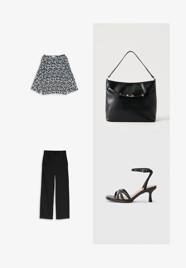Sort og hvid bluse med floral mønster, lange ærmer og rund halsudskæring, vist på en ensartet hvid baggrund.; Sorte teksturerede bukser med vide ben og elastisk talje, vist fladt på en lys baggrund.; Sorte høje hæle sandaler med flere tynde stropper over tæerne, en enkelt ankelstrop med en gylden spænde og en firkantet tå.; Sort skuldertaske i læder med en enkel strop og en lille guldlåsdetalje foran mod en ensfarvet lys baggrund.